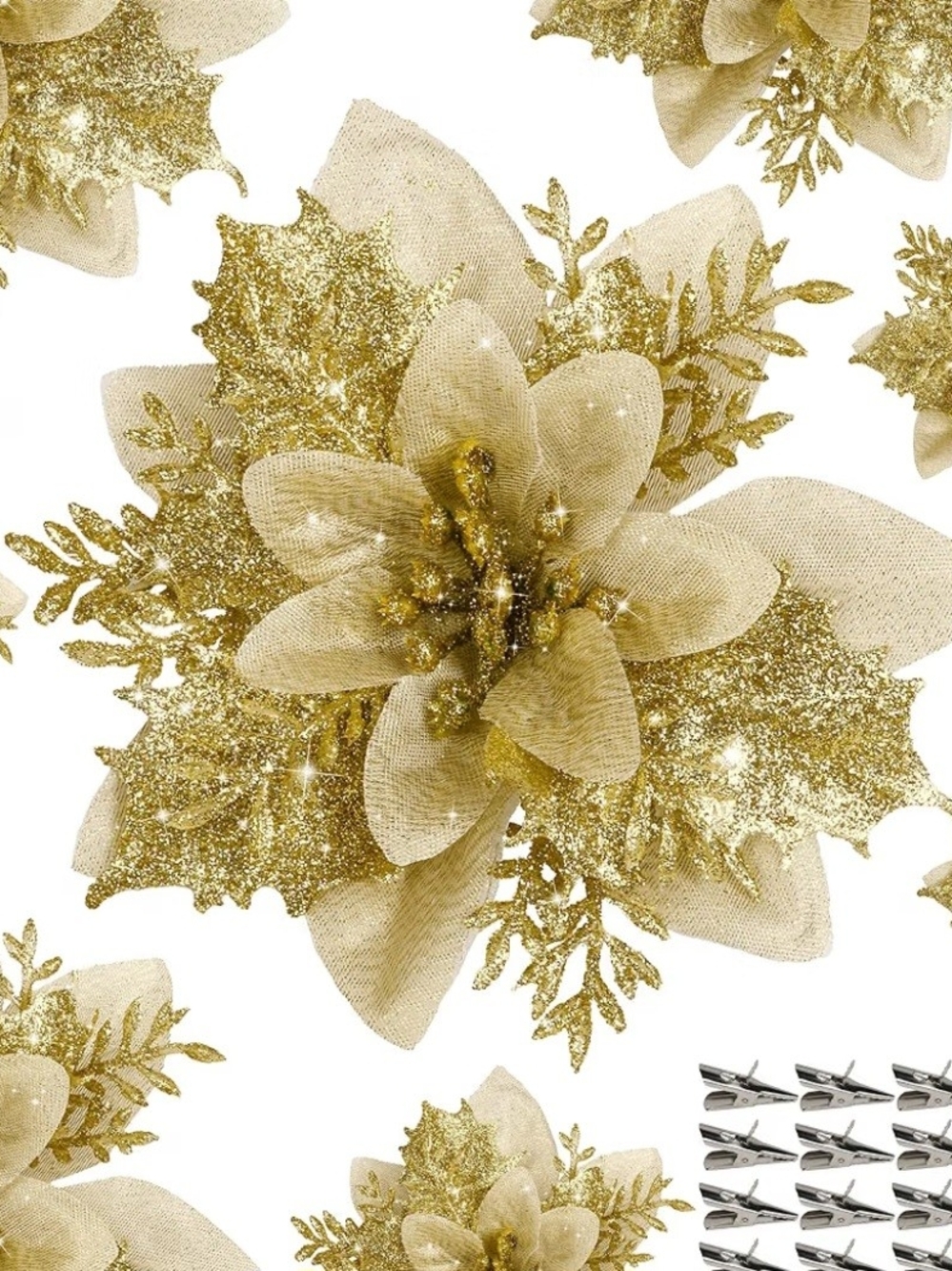Gold Glitter Poinsettias. 15 count. NWT.
